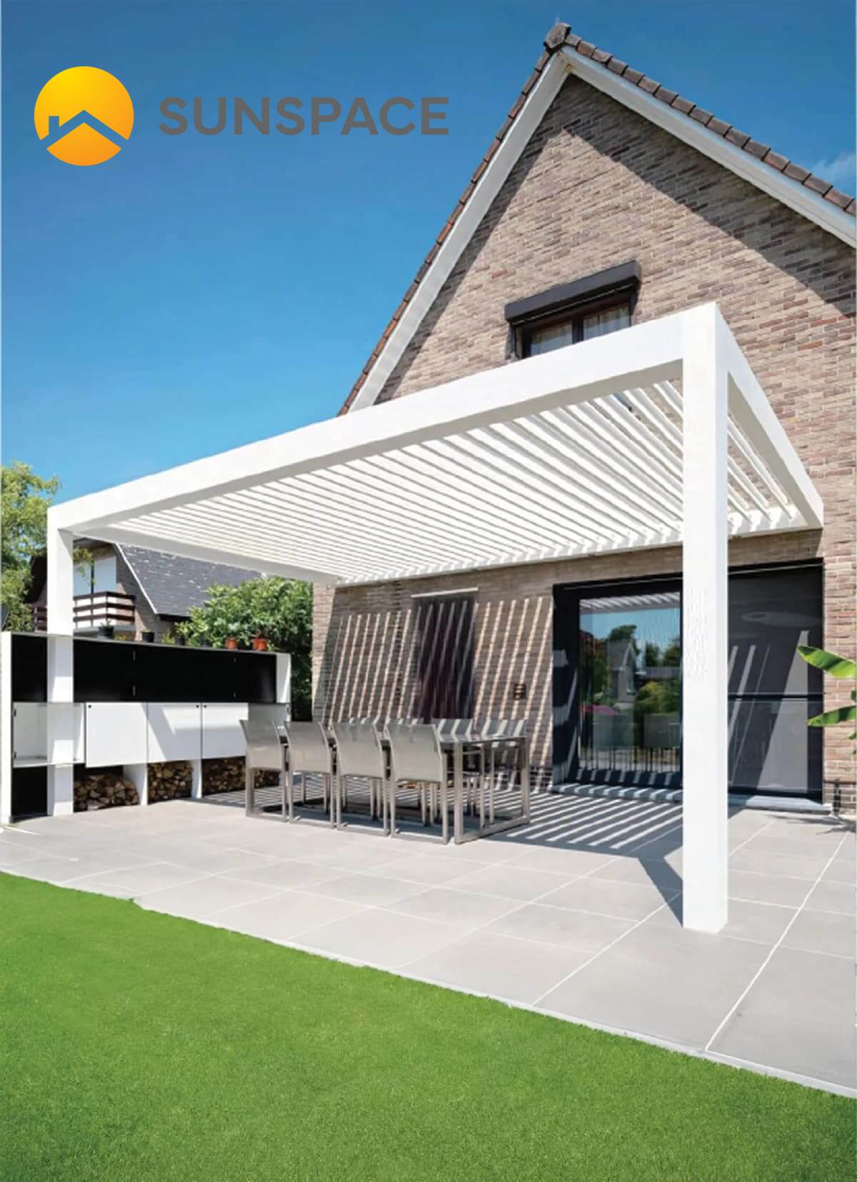 Modern louvered pergola with adjustable roof louvers over an outdoor living area