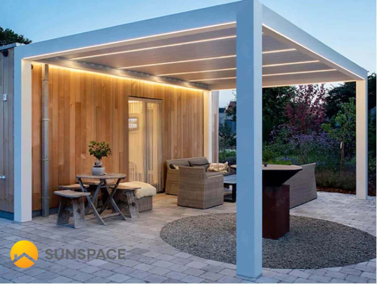 Contemporary louvered pergola designed for flexible outdoor shade