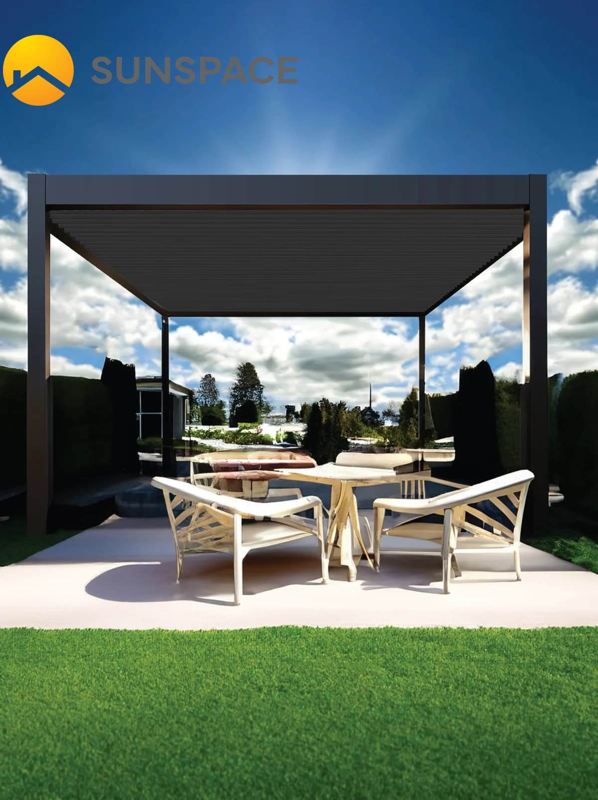 Modern motorized louvered pergola over an outdoor living space
