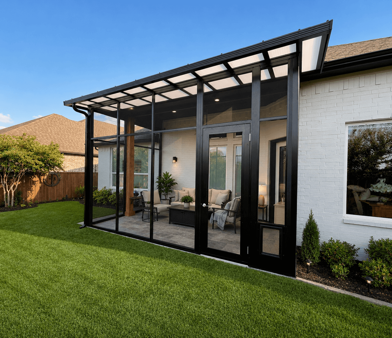 Sunspace Model 100 screened patio installed in Denton County, Texas by Double T Screened Patios